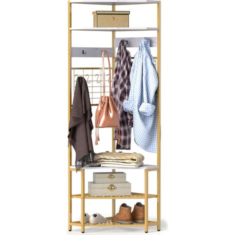 GOPLUS Porte-Manteau d'Angle H.183,5CM avec Banc à Chaussures,5 Etagères de Rangement et 12 Crochets-Cadre en Métal Blanc (1/4)