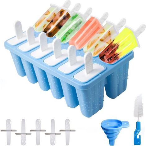 Moule a Glace 12 Cavités, Avec Batonnet Glace, Brosses Entonnoirs Pliants, Silicone, Sans BPA, pour esquimaux faits maison,Bleu (1/5)