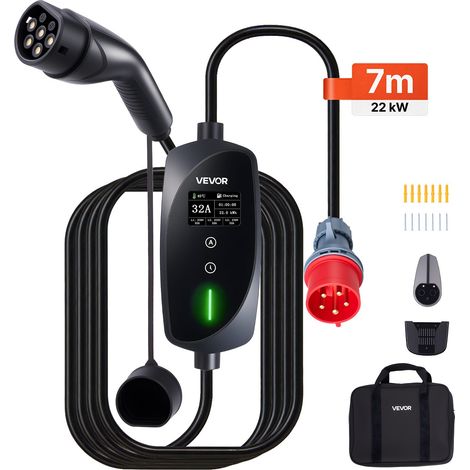 Chargeur Voiture Électrique 22 kW Borne de Recharge Véhicule Électrique Mobile 32 A avec Câble Recharge Type 2 7 m, Prise CEE 32 A Triphasé, Écran LCD, Courant Réglable, Boîtier de Commande IP66 (1/5)