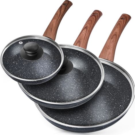 Juego de sartenes de granito con tapas de vidrio BLACK&WOOD 16 / 20 / 24 cm 3 piezas.