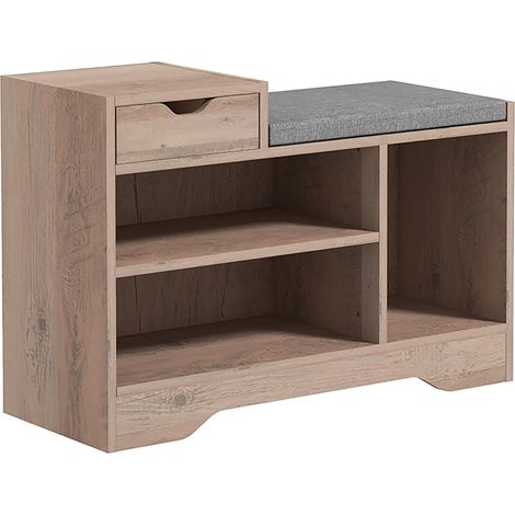 Panca Scarpiera Moderna con 3 Ripiani Aperti e Cassetti, in Legno, Poliestere e Spugna, 76.5x30x52 cm, Grigio (1/5)