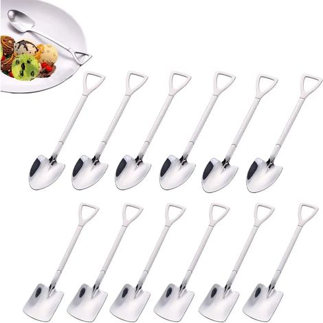Cuillère bêche en acier inoxydable, cuillère filet créative en forme de pelle, cuillère rouge, cuillère à pastèque, cuillère à thé au lait, cuillère à café, cuillère à sucre, cuillère à glace (argenté