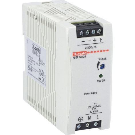 Alimentatore switching 24Vdc 3A 72W su guida DIN Lovato PSE107224