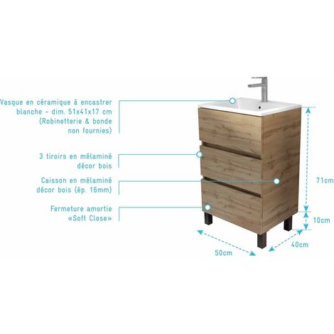 meuble de salle de bains 50 cm timber - décor chêne naturel 3 tiroirs avec vasque blanche — vue 4