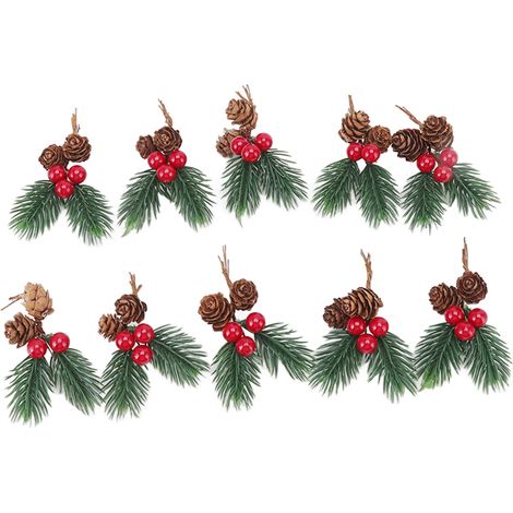 10 Pcs Branches Sapin Pommes de Pin Baies Rouges Décorations de Noël Artificielles Fines (1/5)