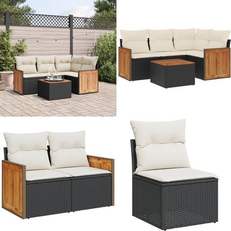 5-tlg. Garten-Sofagarnitur mit Kissen Schwarz Poly Rattan - Gartenmöbel Set - Rattan Möbel - Outdoor Lounge - Esstisch - Sofagarnitur - Home & Living (1/5)