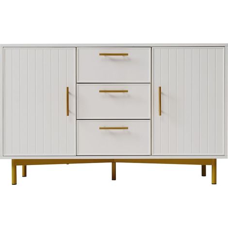 Gutent – Commode blanche contemporaine avec 2 portes et 3 tiroirs – Étagères réglables – H75 x B120 x T40 cm – Base en métal et panneau de particules (1/5)