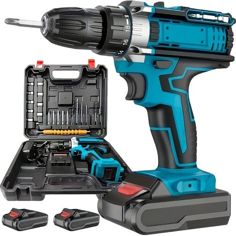 Taladro de impacto eléctrico inalámbrico, 520 Nm de par, batería de iones de litio, velocidad de 0 a 700 RPM, 30 agujeros en metal, 35 agujeros en paredes. (1/3)