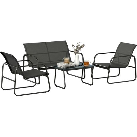 Ensemble de jardin 4 pièces avec canapé, fauteuils et table basse en gris foncé et noir pour un extérieur élégant. (1/5)