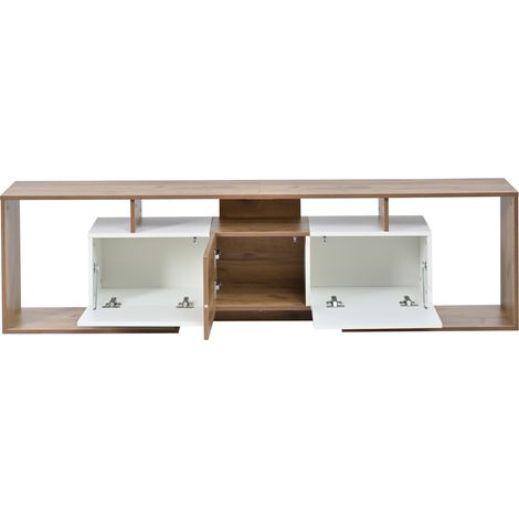 Mobile TV basso 180 cm bianco e legno naturale con 2 ante a ribalta, 1 anta e 3 vani aperti (1/5)