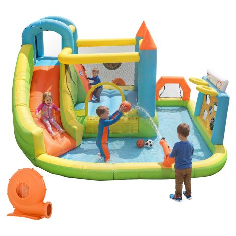 Château Gonflable Extérieur avec Toboggan et Piscine, Aire de Jeux Aquatique pour Enfants 3-10 Ans, Souffleur 450W Inclus, 360x320x200cm