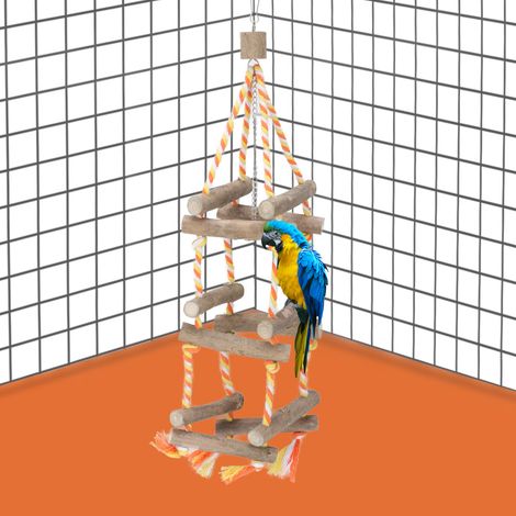 Support à trois niveaux en bois pour oiseaux de compagnie, balançoire et pont suspendu avec corde en coton résistante aux morsures pour perroquets (1/5)