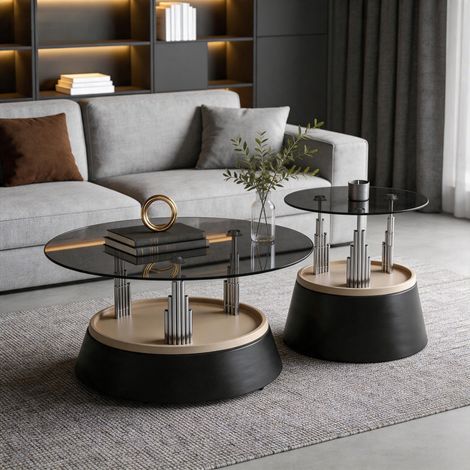 Juego de mesa de centro de 2 piezas con tablero de cristal – mesa de salón moderna de diseño apilable, cristal templado, estructura metálica, ahorra espacio, dimensiones aproximadas (1/5)