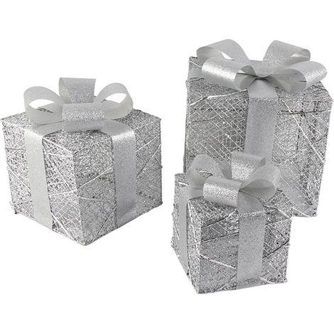 Ensemble de trois pièces en fil d'argent et ruban sans lumières, 15/20/25 cm, coffret cadeau de Noël en fer forgé, pour centres commerciaux, hôtels, mariages, sapins de Noël, décorations, coffrets cad (1/4)