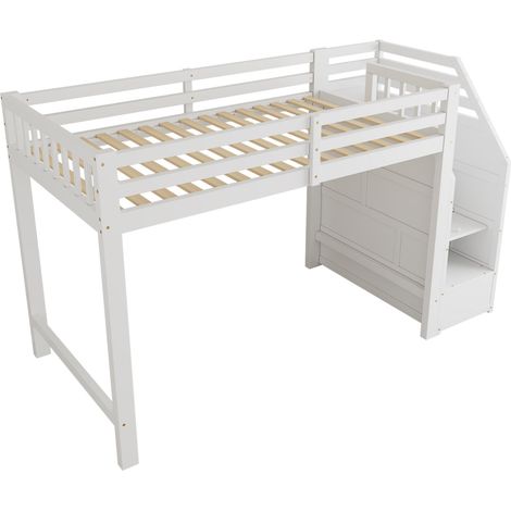 Kinder-Hochbett 90 x 200 cm mit Lattenrost, Weiß, Kiefernholz und MDF (1/5)