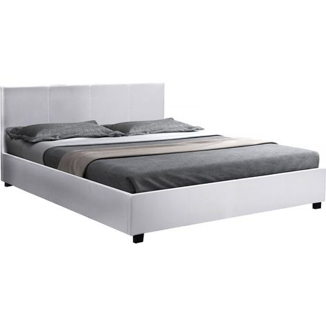 Habitat Et Jardin – Lit double coffre Carla 140 x 190 cm – Simili cuir blanc – Sommier à lattes inclus – Coffre de rangement en toile
