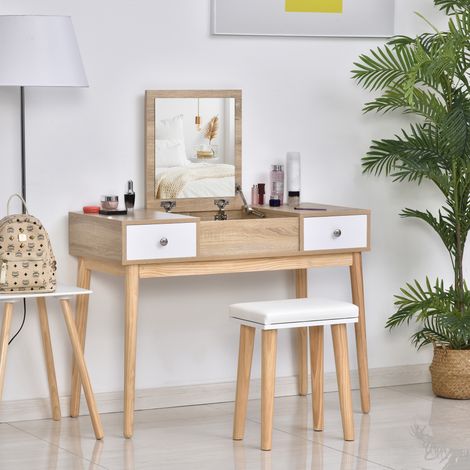 Naturelle 100x45x118 cm - Coiffeuse maquillage avec miroir pliant Table de maquillage avec tabouret rembourré Compartiments et tiroirs en