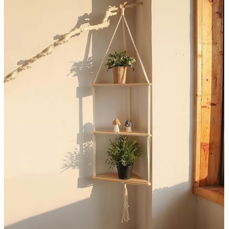 Étagère d'angle flottante blanche à fixer au mur - Support d'angle à trois niveaux pour plantes, décoration murale, style bohème champêtre, étagère de rangement en bois pour chambre, salon, pots de fl (1/3)