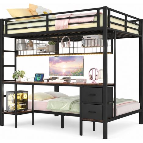Cama alta juvenil 140x200 cm con escritorio, cajones, estantes y rejilla colgante, estructura de metal negra, LED de 7 colores y USB, sin colchón  CHICFURN (1/5)