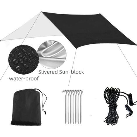 Wasserdichtes 3 x 3 m Sonnenschutzzelt, UV-beständige Plane, Strandzelt, Schattenspender, Hängematte für Camping, Regenschutz, Markise, inklusive Abspannleinen und Heringen, Tragetasche (1/5)
