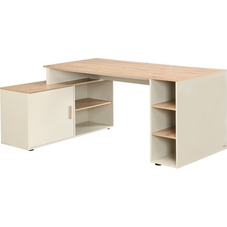 Vente-Unique – Bureau d'angle avec rangements – MDF mélaminé – Beige naturel – 5 niches et placard intégré – Longueur 174 cm, Hauteur 76 cm