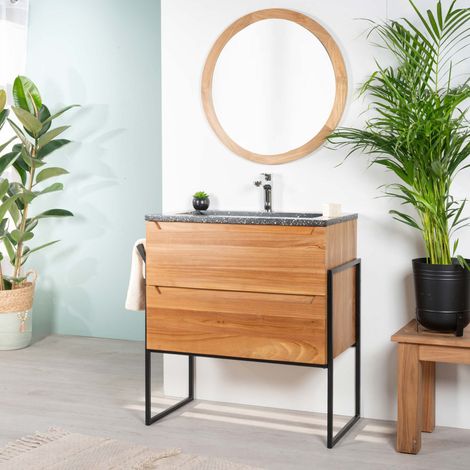 Meuble salle de bain en teck et terrazzo noir Vila 80cm (1/5)