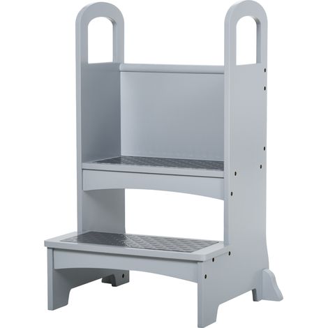 Kids Wooden Step Stool Kitchen Helper w/ Non--Slip Panels Handles Child Toddler Home Help 3 -- 8 Yrs Grey (1/5)