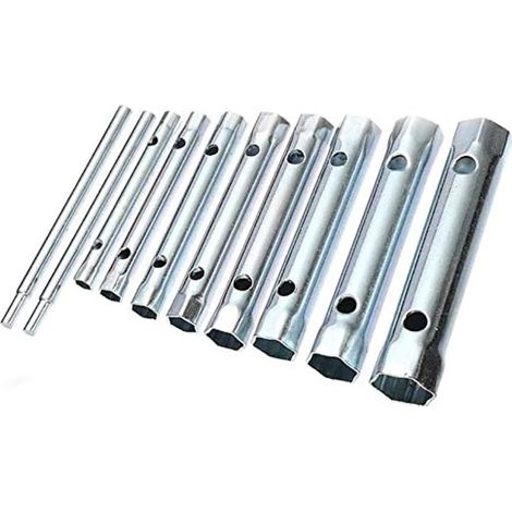 10 Pièces - Clé à douille tubulaire - Jeu de clés - Double extrémité - Réparation automobile et plomberie - Acier galvanisé - Argent - 6mm à 22mm