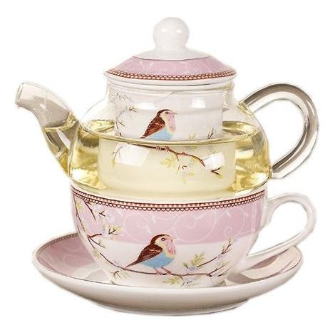 1 théière céramique fleurie, motif oiseau et fleurs, tasse + soucoupe en verre résistant à la chaleur, service à thé après-midi