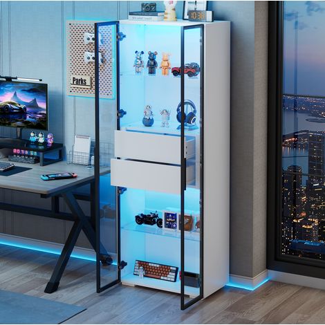 Vitrina (60x40x160 cm), con iluminación LED, 2 cajones, estantes de vidrio ajustables, MDF y vidrio, blanca (1/5)
