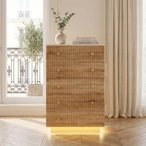 Commode 5 tiroirs, 73x40x111 cm, façade ondulée, chiffonnier avec LED, meuble de rangement pour chambre et salon - Naturelle (1/5)