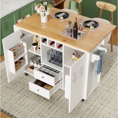 Îlot de cuisine 137.9x73x92 cm blanc en MDF et métal avec plateau rabattable et roulettes (1/5)