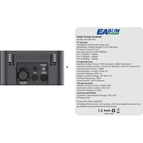 Inverter solare, controllo tramite app intelligente, supporto per batterie in parallelo, inverter da 1600 W (1/2)