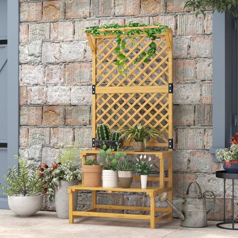 Stand de plantes - jaune - 75x50x166cm - étagère à fleurs - 2 niveaux - avec treillis et toit - bois de sapin - Pratique