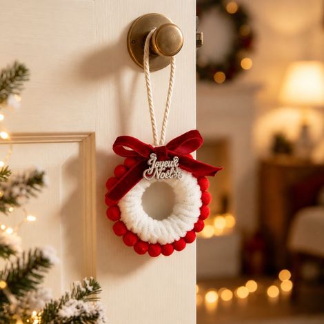 Mini couronne à petits pompons rouge et blanc et plaque argentée déco sapin 15 × 10 × 2 cm 13 g – Livraison gratuite