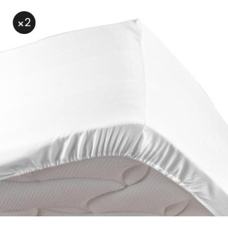 Lot de 2 Draps housse blanc 140 x 190 cm en percale bonnet 30 cm (1/3)