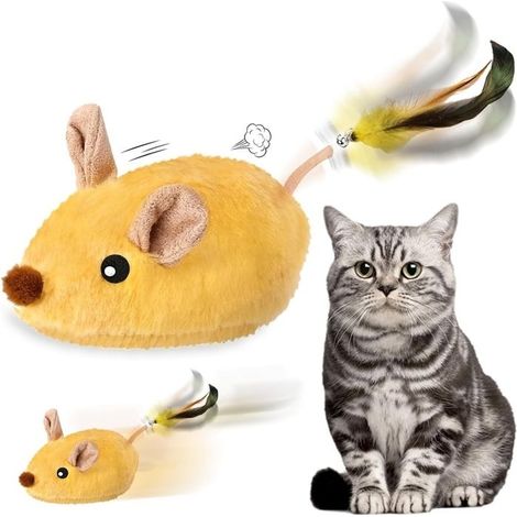 Jouet Interactif pour Chat - 2025 - Souris avec Queue de Plumes - Peluche Durable - Couleur Jaune (1/5)