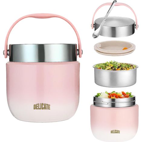 Récipient isotherme pour aliments, 1200 ml, avec couvercle, récipient de maintien au chaud en acier inoxydable avec cuillère, thermos pour aliments anti-fuite, pour soupes, porridge pour bébé (Rose) (1/5)