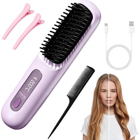 Brosse Lissante Sans Fil Brosse Chauffante Cheveux Court Fer à Lisser Portable 3 Températures Réglables Soin Ionique Anti-Brûlure Idéal Voyage et Quotidien (1/5)