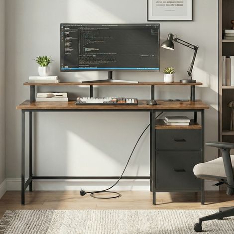 Bureau de Travail, Support d’Écran, Tiroirs en Tissu, Station de Charge, 140 x 60 cm, Marron (1/5)