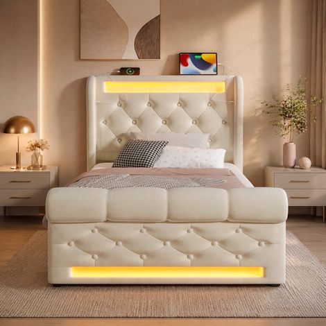 Cama tapizada con almacenaje LED 90x200 cm OKMYHOME (1/5)