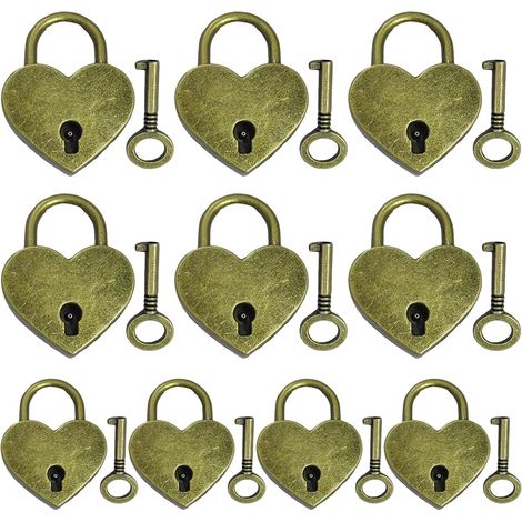 10 lucchetti con chiave, lucchetto mini orsetto, lucchetto a cuore, vintage, vecchio, lucchetto in metallo per diario, portagioie (1/5)