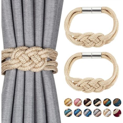 Embrasses de rideaux magnétiques déco nordique en corde tissée, couleur beige – Lot de 2