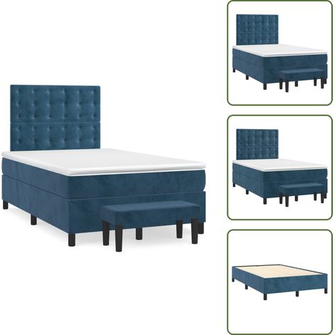 The Living Store Sommier à lattes de lit et matelas bleu foncé 120x190cm velours - Lit Double - Lit Avec Rangement - Lit Capitonné - Lit Design - Lit Moderne (1/5)