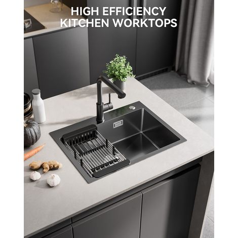 Lavello da cucina in acciaio inox antracite, 60 × 45 × 18 cm, lavello da cucina a una vasca con cestello di scarico