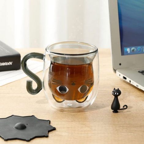 Tasse à Café Double Paroi, Tasse Double Paroi Mignonne Cha, 260ml avec Chat Tasse a Cafe Peut contenir du latte macchiato (1/5)