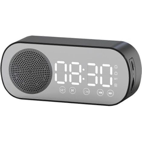 Réveil numérique LED, réveil pour enceinte Bluetooth, radio FM, horloge miroir, horloge de bureau familiale, de bureau ou de voyage (noir) (1/5)