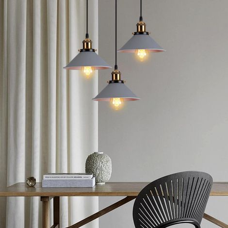 Lustre rétro à trois lumières (gris), lumière chaude, E27, plafonnier décoratif, aucun câblage requis, abat-jour en métal. (1/5)