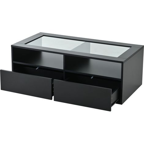 Tavolino da salotto LED 100 x 50 x 35 cm, 2 cassetti, vetro temperato e truciolare, nero HOMVRA (1/5)
