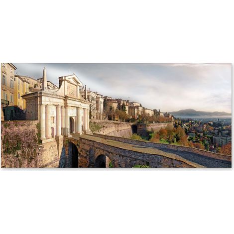 Lupia - Quadro moderno su Tela Canvas DEEP 65X143 cm, con paesaggi e localismi italiani, per casa, soggiorno, capezzale camera da letto, hotel, ufficio, BERGAMO - NEW PORTA S. GIACOMO PANORAMA (1/4)